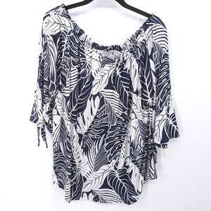 Tommy Bahama Blouse Womens Medium Blue Tropical Leaf Off Shoulder Tie Sleeve Top